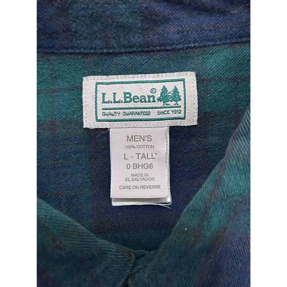 LL Bean Cotton Mens Flannel Button Up Long Sleeve Shirt Plaid Blue Green XL Tall - Picture 3 of 4